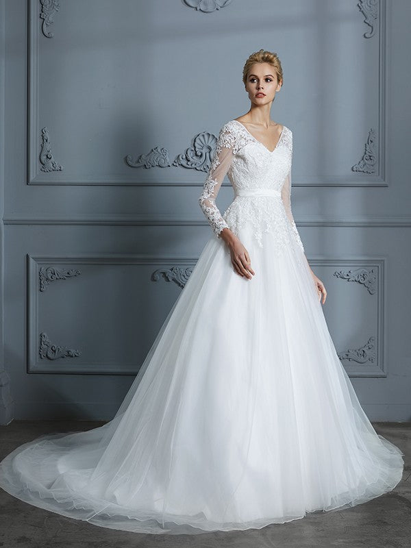 Ball Gown V-neck Long Sleeves Court Train Lace Tulle Wedding Dresses CICIP0006228