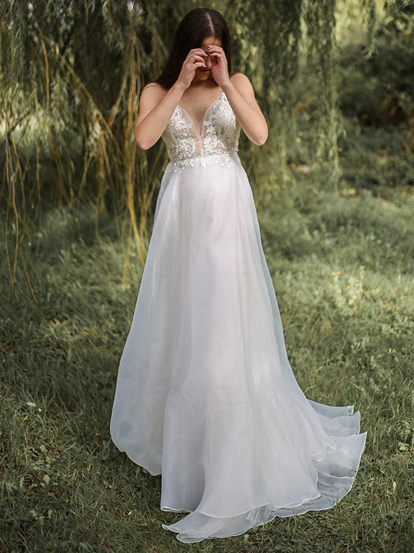 A-Line/Princess Spaghetti Straps Chiffon Applique Sleeveless Sweep/Brush Train Wedding Dresses CICIP0006166