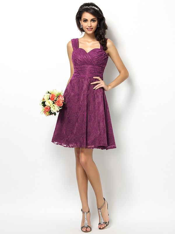 A-Line/Princess Straps Lace Sleeveless Short Bridesmaid Dresses CICIP0005042