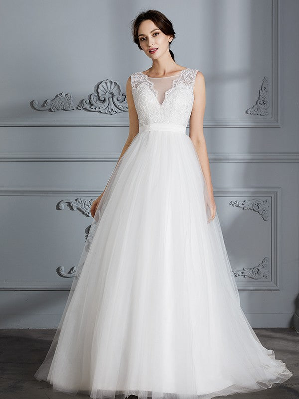 A-Line/Princess Sleeveless V-neck Sweep/Brush Train Tulle Wedding Dresses CICIP0006437