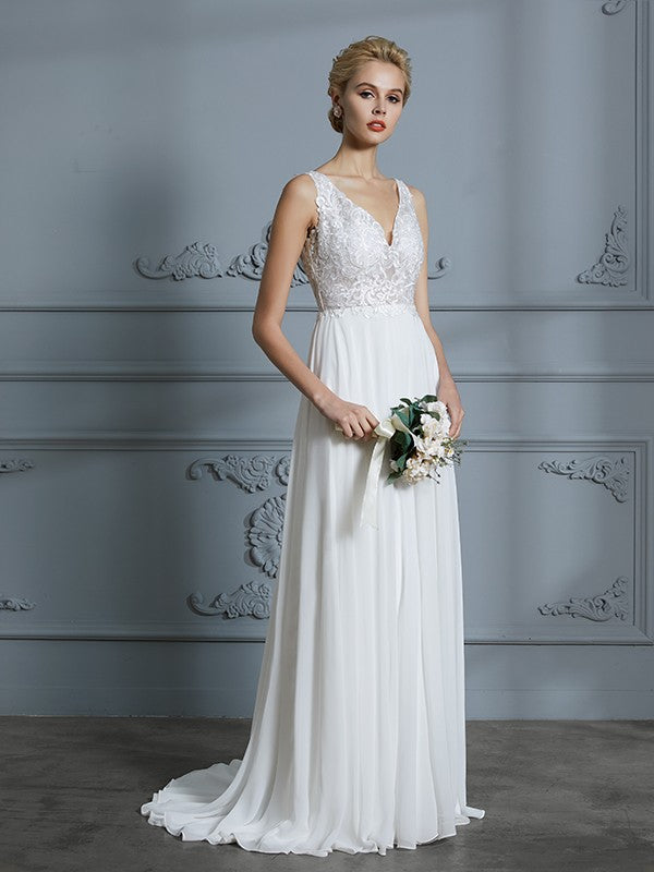 A-Line/Princess Sleeveless V-neck Sweep/Brush Train Chiffon Wedding Dresses CICIP0006388