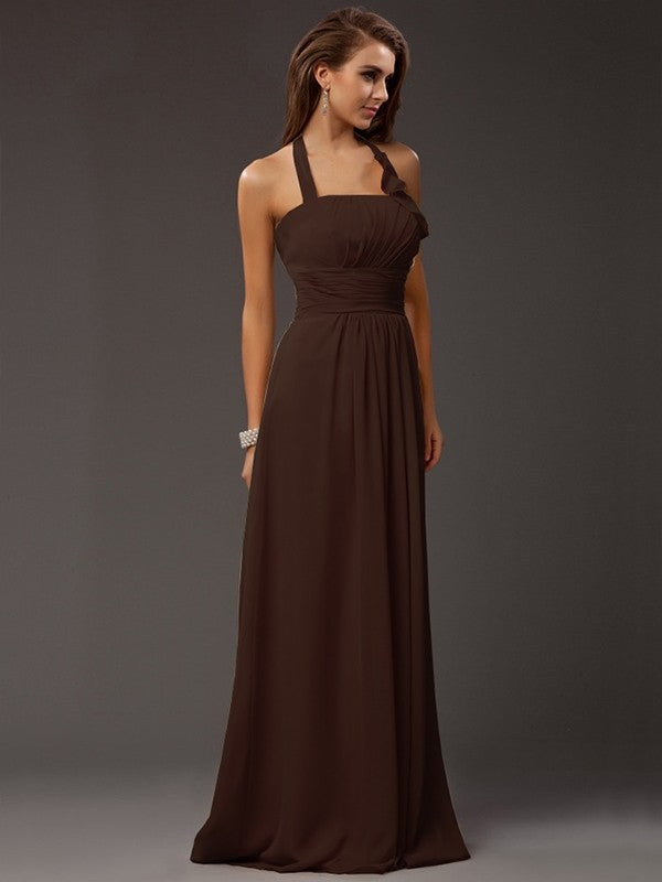 Sheath/Column Halter Sleeveless Ruffles Long Chiffon Bridesmaid Dresses CICIP0005366