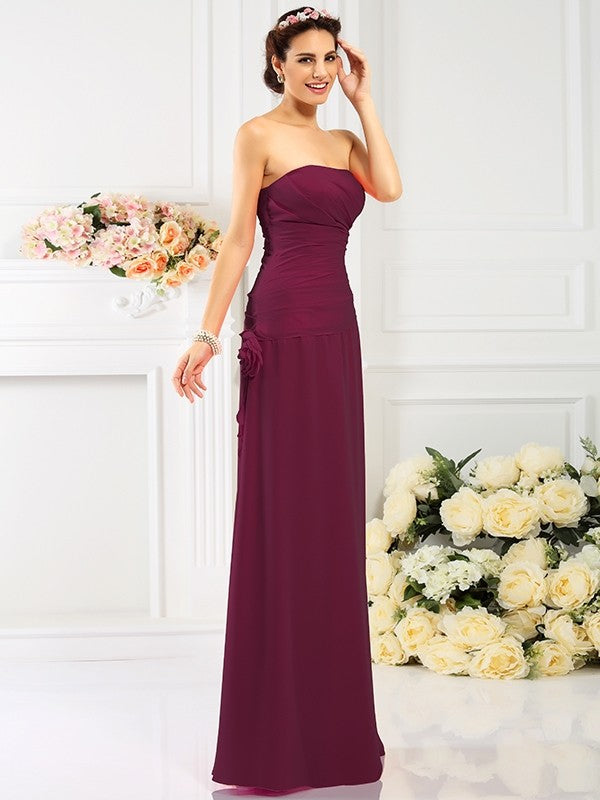 Sheath/Column Strapless Hand-Made Flower Sleeveless Long Chiffon Bridesmaid Dresses CICIP0005753