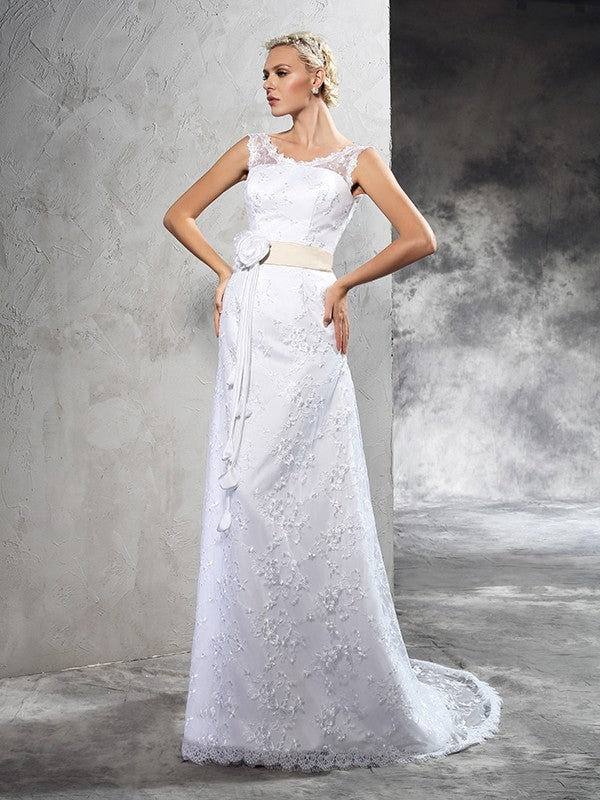 Sheath/Column Sheer Neck Hand-Made Flower Sleeveless Long Satin Wedding Dresses CICIP0006901