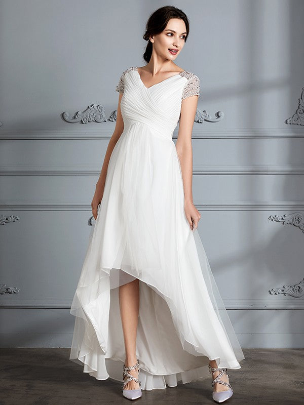 A-Line/Princess V-neck Short Sleeves Asymmetrical Tulle Wedding Dresses CICIP0006307