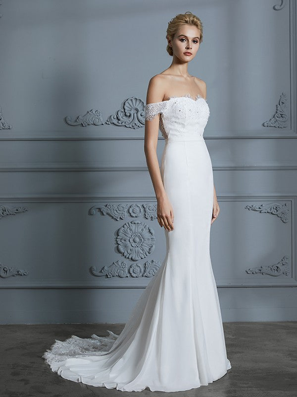 Trumpet/Mermaid Off-the-Shoulder Sleeveless Lace Chiffon Sweep/Brush Train Wedding Dresses CICIP0006339