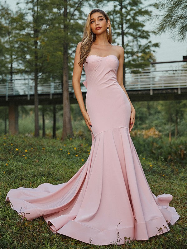 Trumpet/Mermaid Stretch Crepe Bowknot Sweetheart Sleeveless Sweep/Brush Train Bridesmaid Dresses CICIP0005010