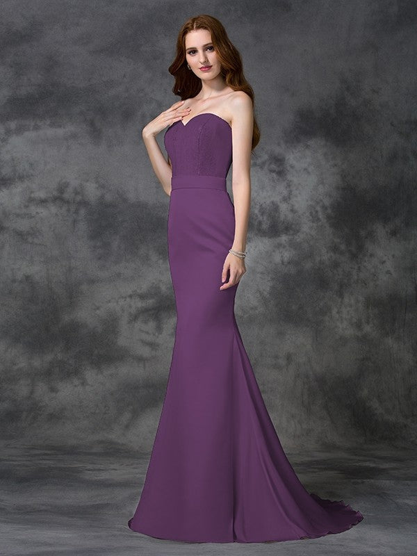 Trumpet/Mermaid Sweetheart Beading Sleeveless Long Satin Chiffon Bridesmaid Dresses CICIP0005321