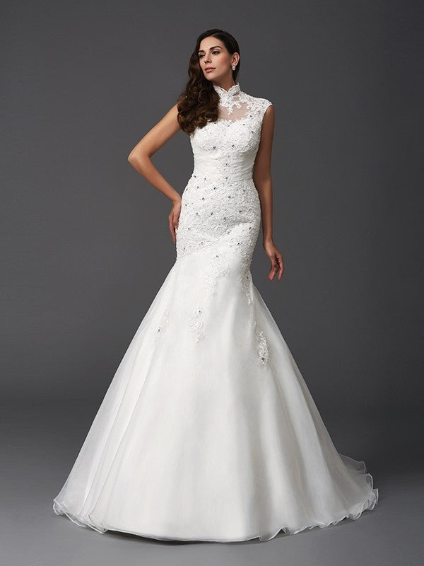 Trumpet/Mermaid High Neck Beading Sleeveless Long Organza Wedding Dresses CICIP0006227