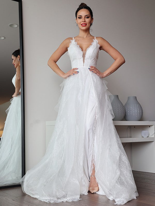 A-Line/Princess Lace Ruffles V-neck Sleeveless Sweep/Brush Train Wedding Dresses CICIP0006454