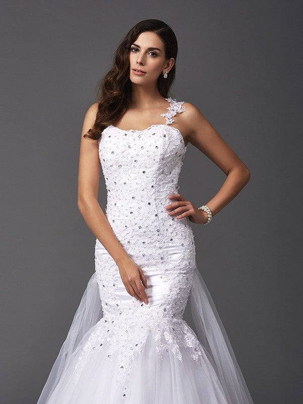 Trumpet/Mermaid Straps Beading Sleeveless Long Net Wedding Dresses CICIP0006774