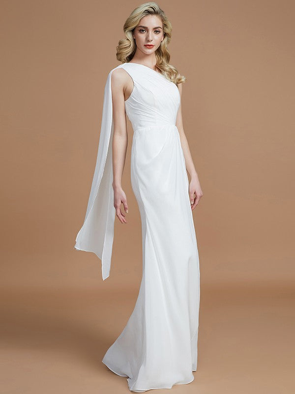 Sheath/Column One-Shoulder Sleeveless Floor-Length Chiffon Bridesmaid Dresses CICIP0005565