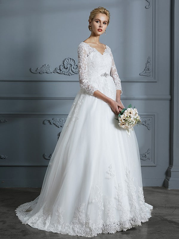 Ball Gown V-neck 3/4 Sleeves Court Train Lace Tulle Wedding Dresses CICIP0006428