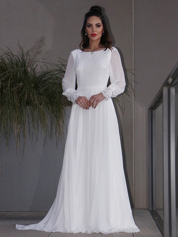 A-Line/Princess Chiffon Ruffles Long Sleeves Scoop Sweep/Brush Train Wedding Dresses CICIP0006511