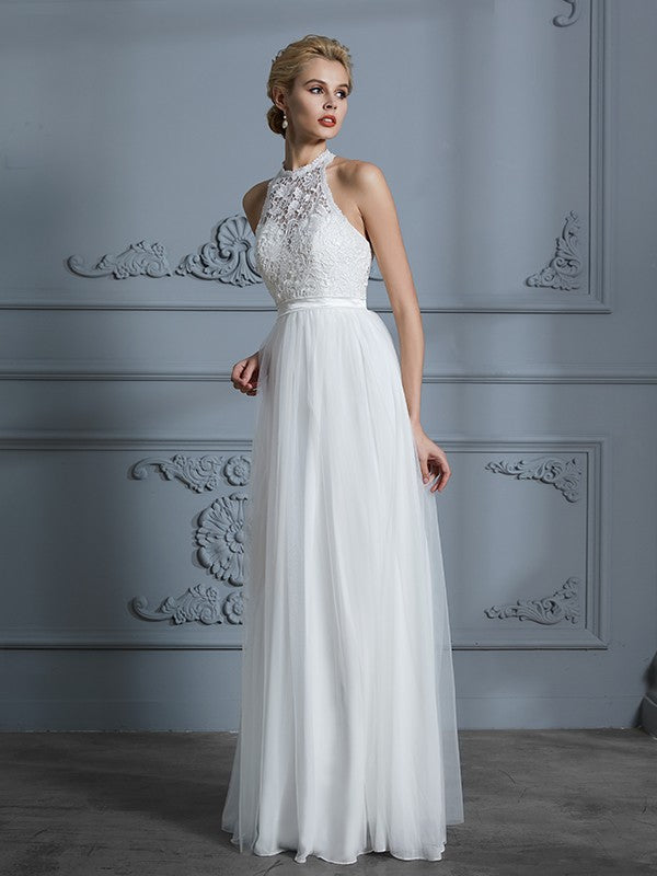 A-Line/Princess Scoop Sleeveless Tulle Floor-Length Wedding Dresses CICIP0006513