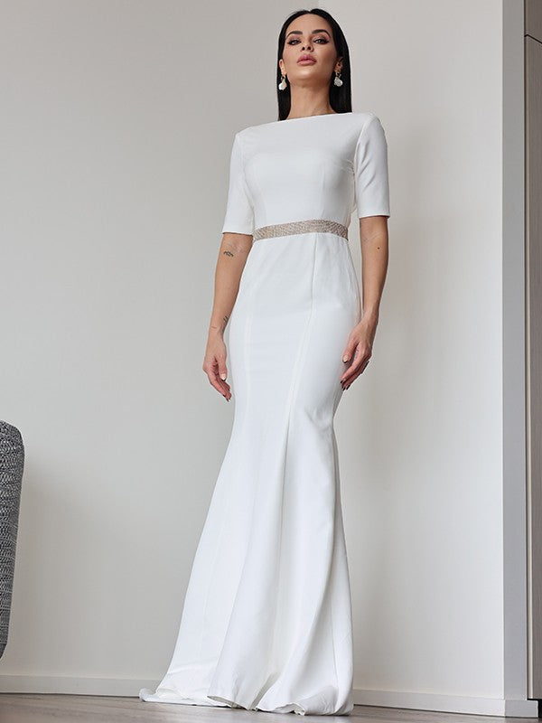 Sheath/Column Stretch Crepe Ruched Scoop 1/2 Sleeves Sweep/Brush Train Wedding Dresses CICIP0007027