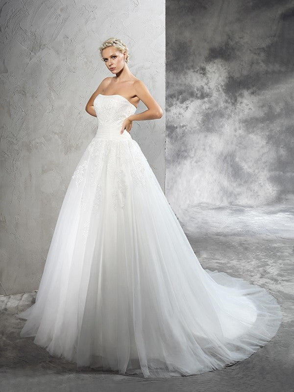 Ball Gown Strapless Applique Sleeveless Long Satin Wedding Dresses CICIP0006676