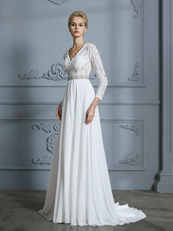 A-Line/Princess 3/4 Sleeves V-neck Lace Sweep/Brush Train Chiffon Wedding Dresses CICIP0006390