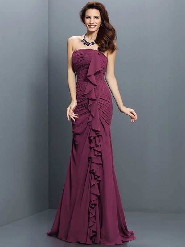 Trumpet/Mermaid Strapless Pleats Sleeveless Long Chiffon Bridesmaid Dresses CICIP0005428