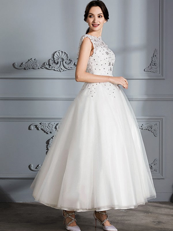 Ball Gown Scoop Sleeveless Tea-Length Tulle Wedding Dresses CICIP0006628