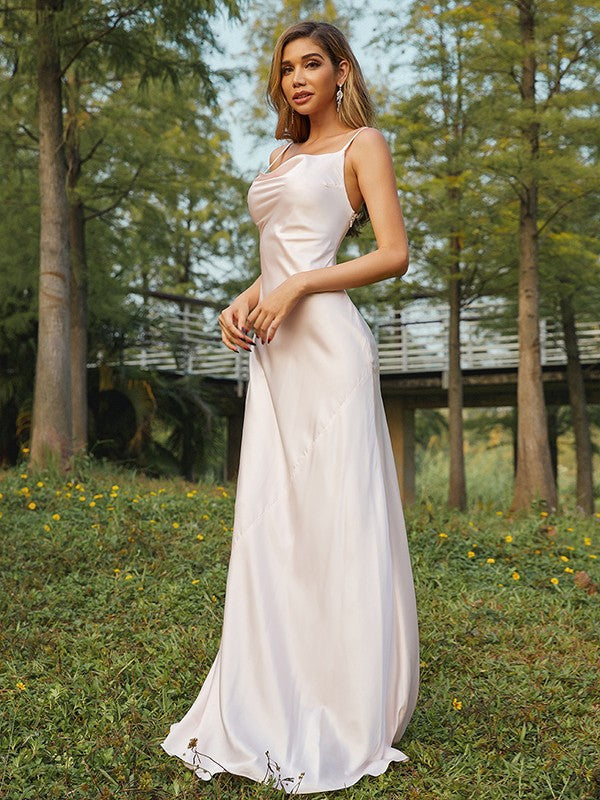 Sheath/Column Charmeuse Ruched Spaghetti Straps Sleeveless Sweep/Brush Train Bridesmaid Dresses CICIP0005001