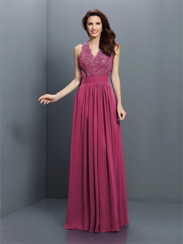 A-Line/Princess V-neck Applique Sleeveless Long Chiffon Bridesmaid Dresses CICIP0005255