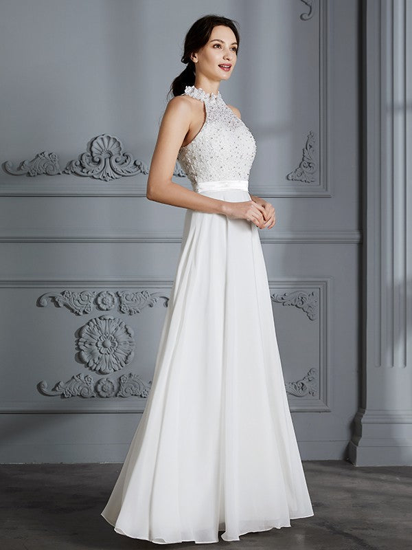 A-Line/Princess Scoop Sleeveless Floor-Length Chiffon Wedding Dresses CICIP0006361