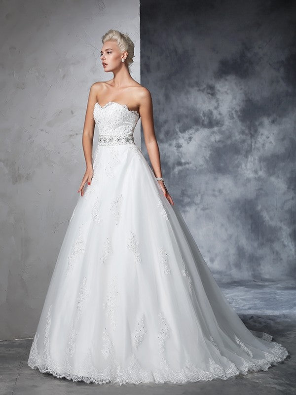 Ball Gown Sweetheart Applique Sleeveless Long Net Wedding Dresses CICIP0006719