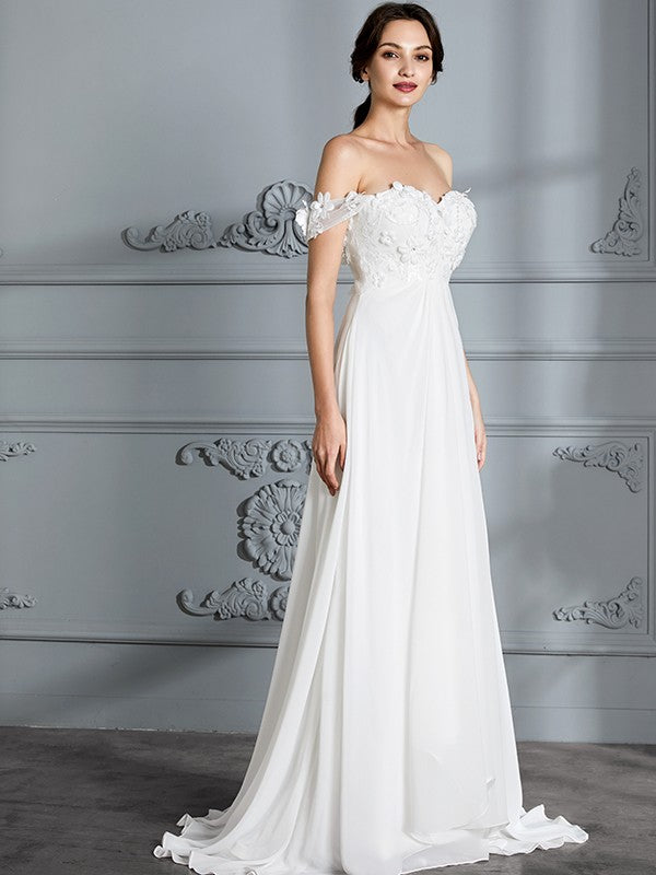 A-Line/Princess Off-the-Shoulder Sleeveless Chiffon Sweep/Brush Train Wedding Dresses CICIP0006370