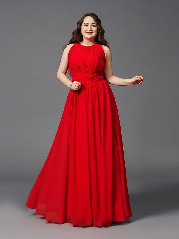 A-Line/Princess Jewel Ruched Sleeveless Long Chiffon Plus Size Dresses