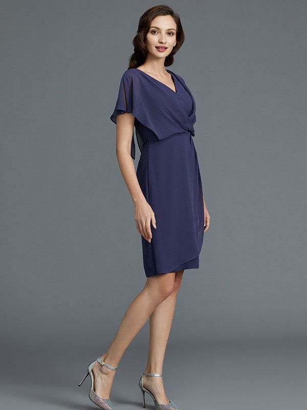 Sheath/Column V-neck Short Sleeves Chiffon Knee-Length Mother of the Bride Dresses CICIP0007259