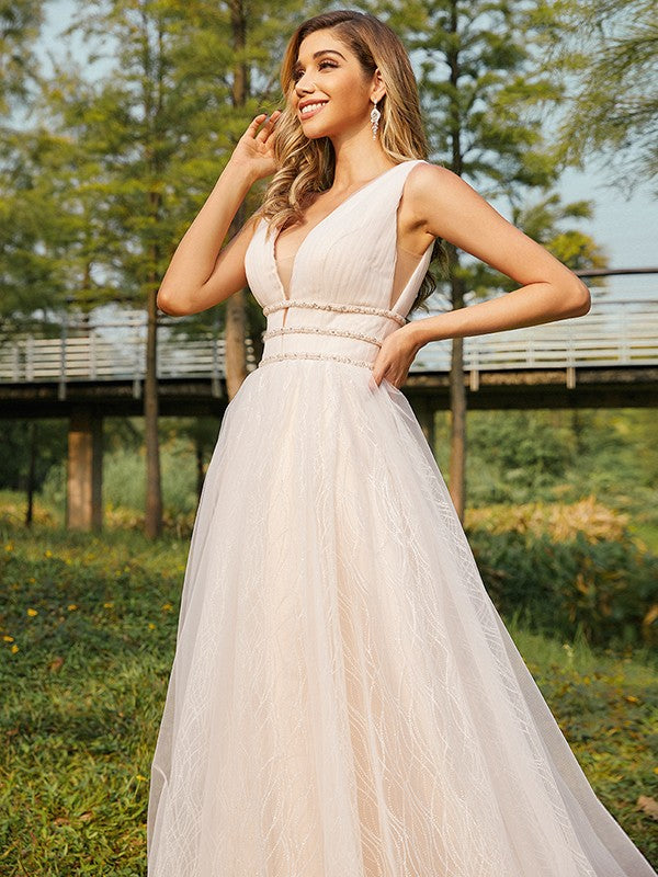 A-Line/Princess Tulle Ruffles V-neck Sleeveless Sweep/Brush Train Wedding Dresses CICIP0006441