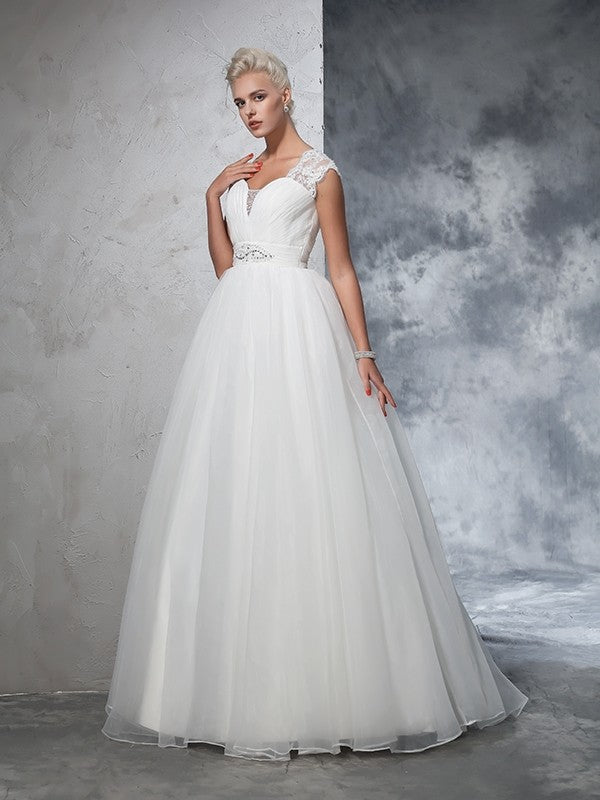 Ball Gown Sweetheart Ruched Sleeveless Long Tulle Wedding Dresses CICIP0006724