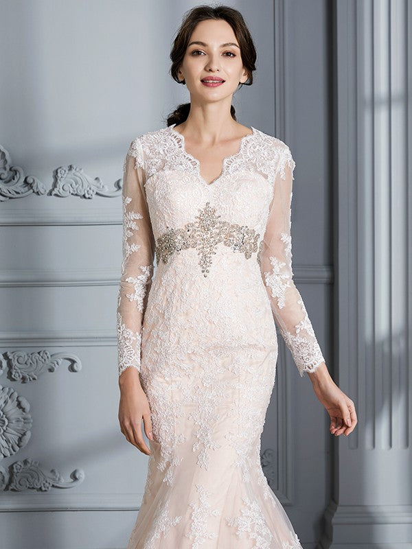 Trumpet/Mermaid V-Neck Beading Long Sleeves Sweep/Brush Train Tulle Wedding Dresses CICIP0006655