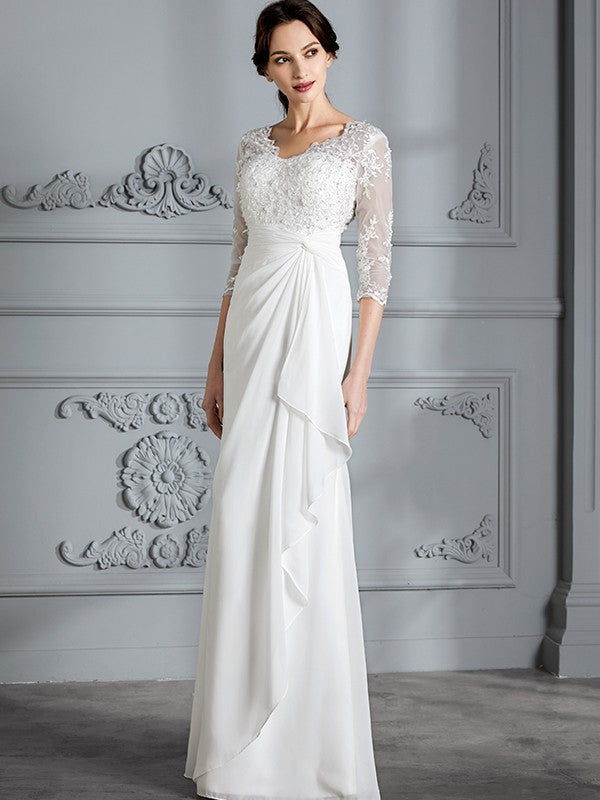 Sheath/Column V-neck 3/4 Sleeves Chiffon Floor-Length Wedding Dresses CICIP0006363