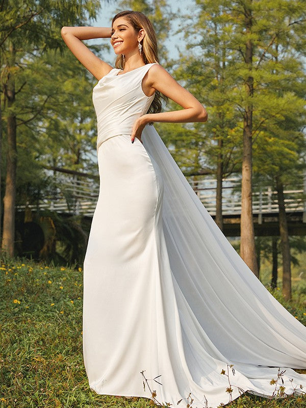 Sheath/Column Satin Ruched Scoop Sleeveless Sweep/Brush Train Wedding Dresses CICIP0006592