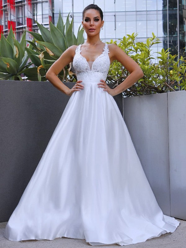 A-Line/Princess V-neck Satin Applique Sleeveless Sweep/Brush Train Wedding Dresses CICIP0006405