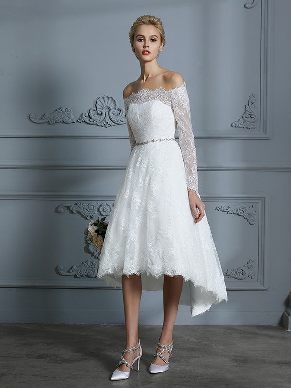 A-Line/Princess Long Sleeves Off-the-Shoulder Asymmetrical Lace Wedding Dresses CICIP0006338