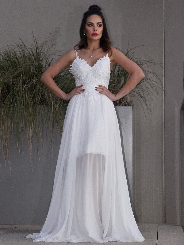 A-Line/Princess Applique Chiffon V-neck Sleeveless Sweep/Brush Train Wedding Dresses CICIP0006445