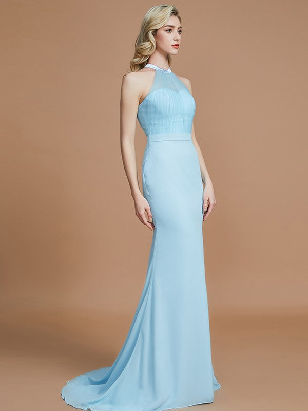 Trumpet/Mermaid Sleeveless Scoop Sweep/Brush Train Chiffon Bridesmaid Dresses CICIP0005142