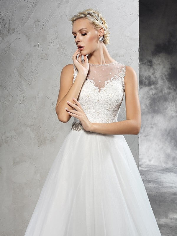 A-Line/Princess Sheer Neck Beading Sleeveless Long Net Wedding Dresses CICIP0006614