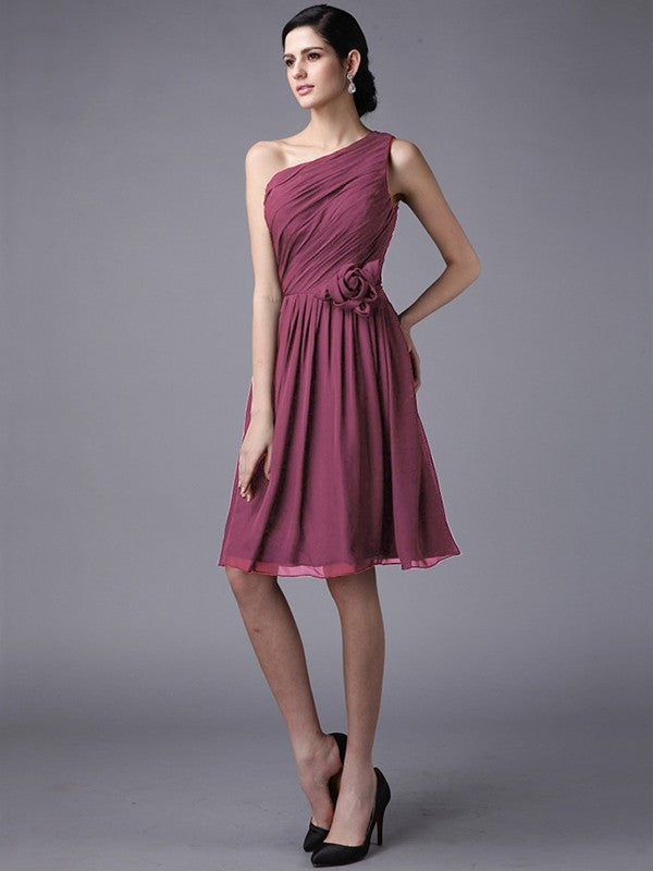 Sheath/Column One-Shoulder Sleeveless Pleats Short Chiffon Bridesmaid Dresses CICIP0005846