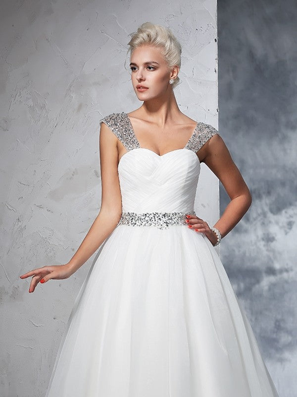 Ball Gown Straps Ruched Sleeveless Long Net Wedding Dresses CICIP0006544