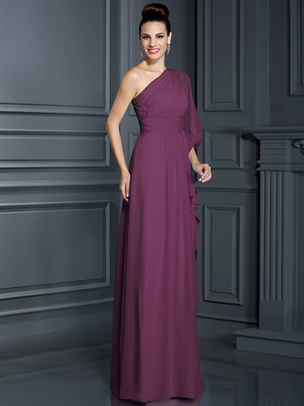 Sheath/Column One-Shoulder 3/4 Sleeves Long Chiffon Bridesmaid Dresses CICIP0005047