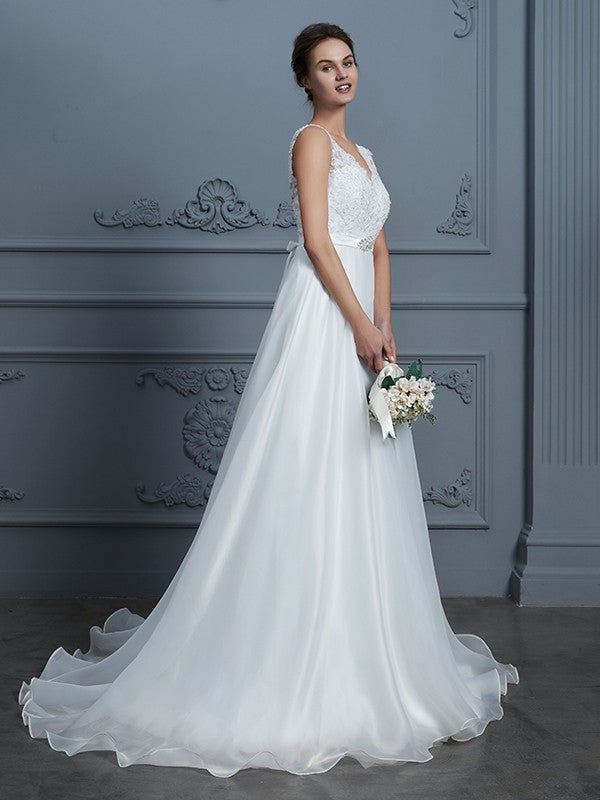 A-Line/Princess V-neck Sleeveless Floor-Length Lace Chiffon Wedding Dresses CICIP0006395