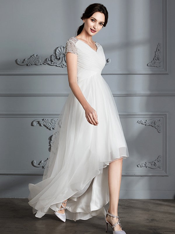 A-Line/Princess V-neck Short Sleeves Asymmetrical Tulle Wedding Dresses CICIP0006307