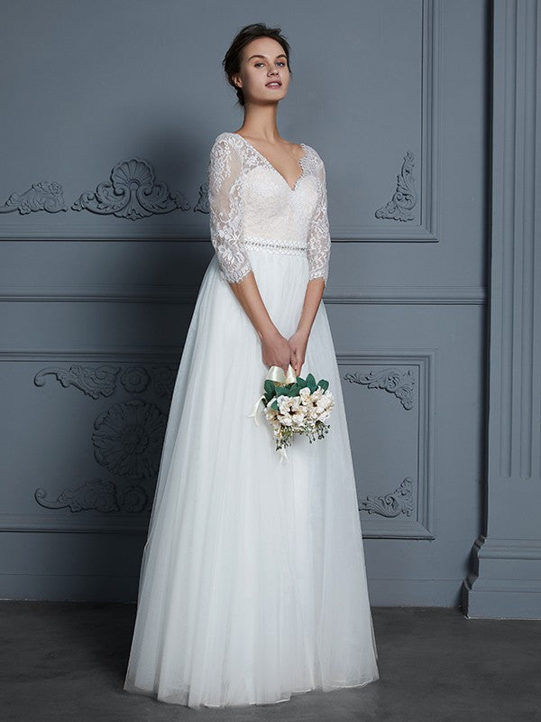 A-Line/Princess V-neck 3/4 Sleeves Floor-Length Lace Tulle Wedding Dresses CICIP0006306