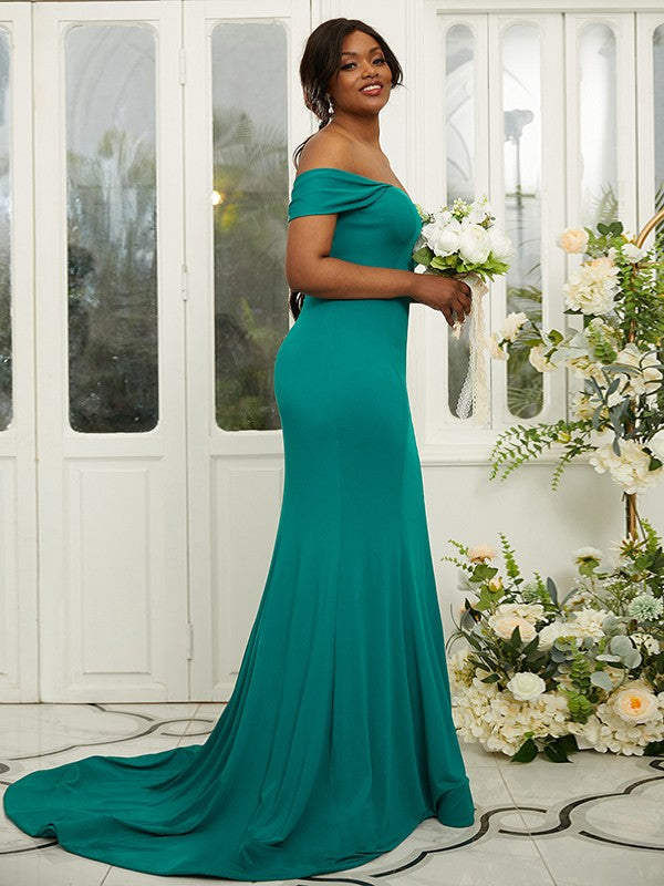 Sheath/Column Jersey Ruffles Off-the-Shoulder Sleeveless Sweep/Brush Train Bridesmaid Dresses CICIP0004980