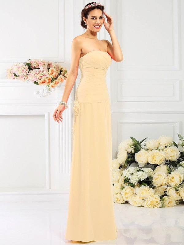 Sheath/Column Strapless Hand-Made Flower Sleeveless Long Chiffon Bridesmaid Dresses CICIP0005753