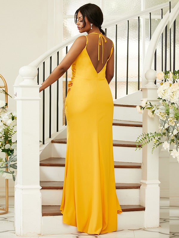 Sheath/Column Jersey Ruched Spaghetti Straps Sleeveless Sweep/Brush Train Bridesmaid Dresses CICIP0004988